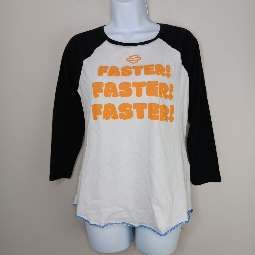 Harley Davidson Raglan Tee Women Medium Faster Black White Shirt Moto Casual